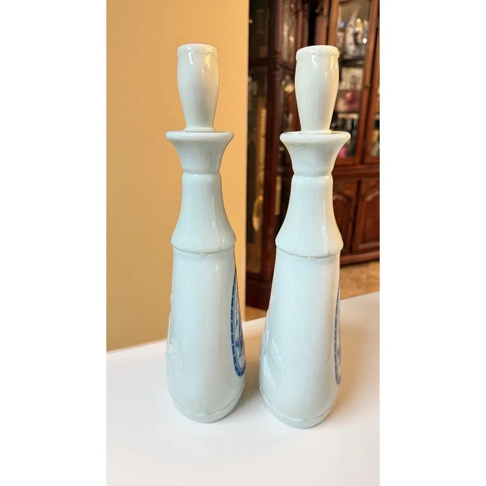 1963 Jim Beam Milk Glass Decanter Set Delft Blue‎ Sailing Ship Bottle Pair Vtg